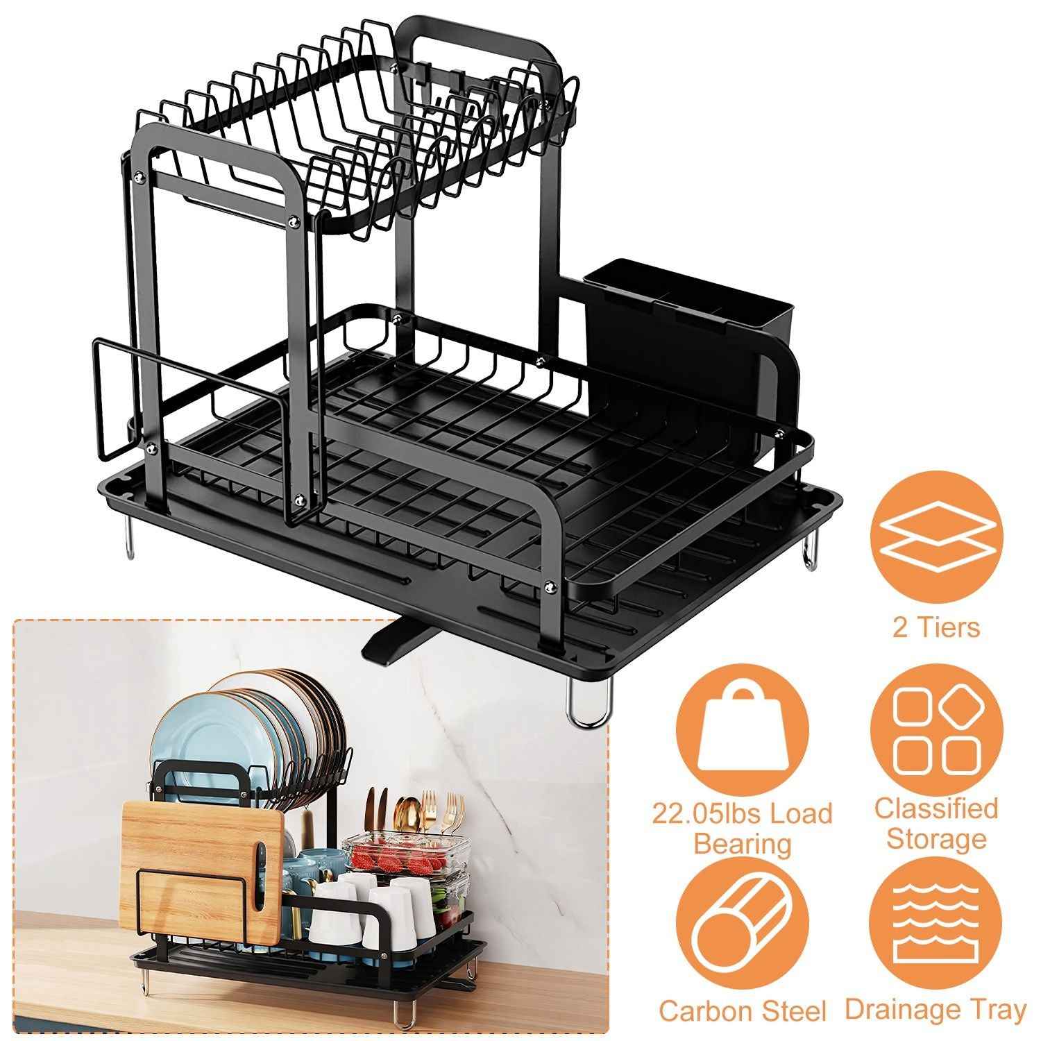 2-Tier Dish Drying Rack for Kitchen Counter Space Saving Rustproof Dish Rack with Drainboard Detachable Kitchen Drainer Organizer Set with Utensil Holder Bowl Rack Dish Rack Chopping Board Rack